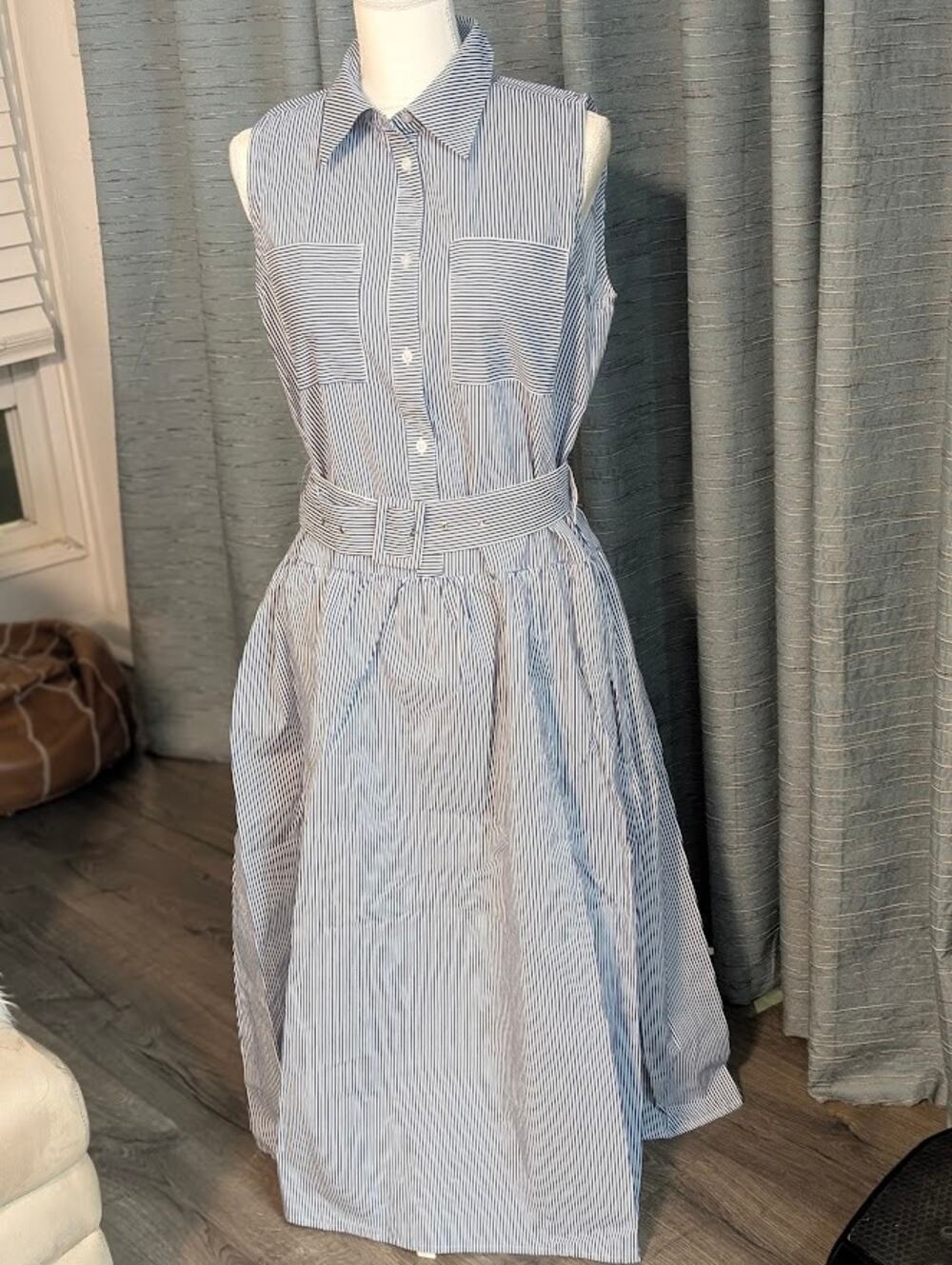 Tulip Creations Blue White Pinstripe Belted Shirtwaist Dress L Vintage inspired